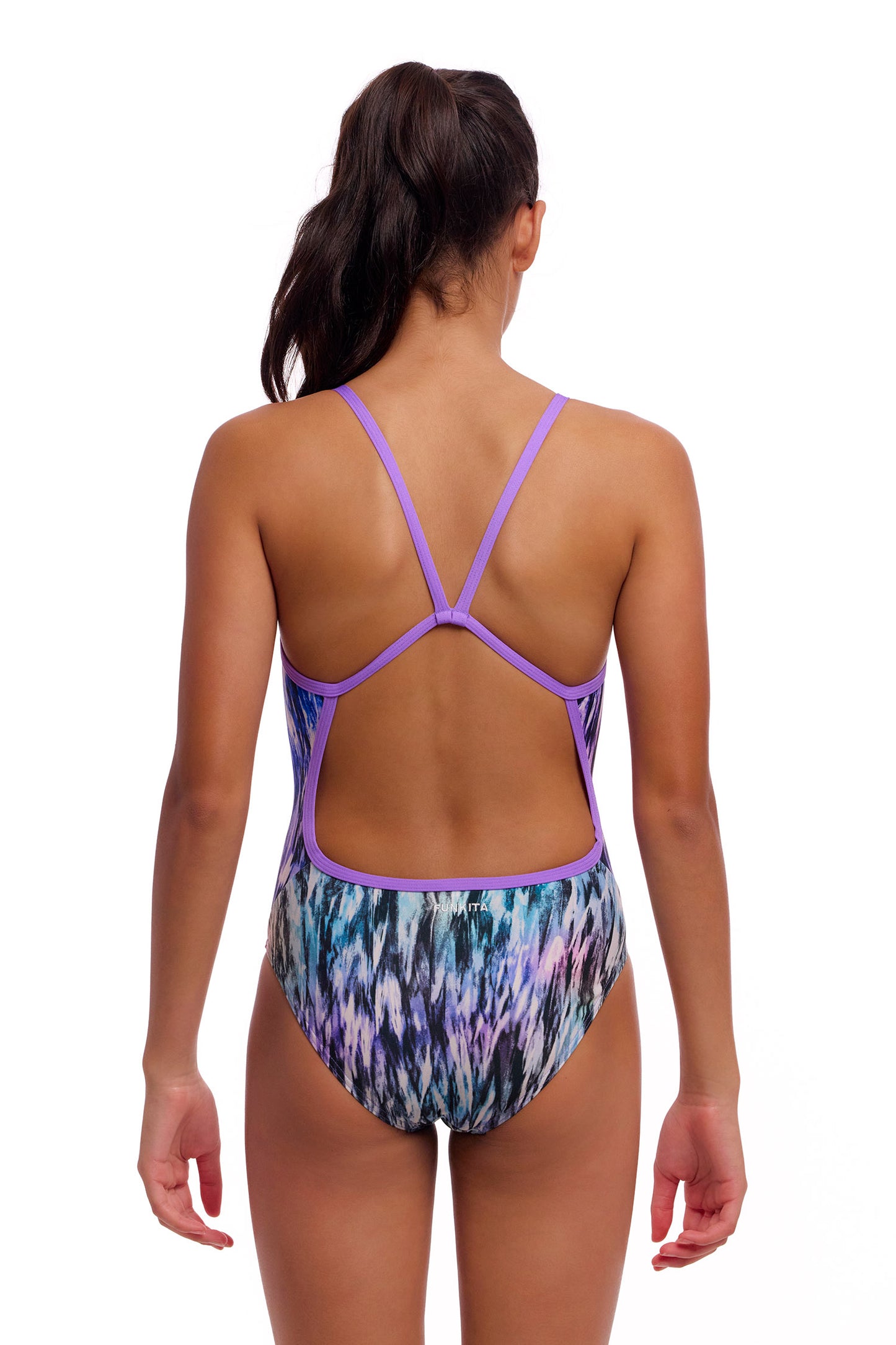 Funkita Girls Single Strap One Piece Fly Dye-2, rear view showing thin straps