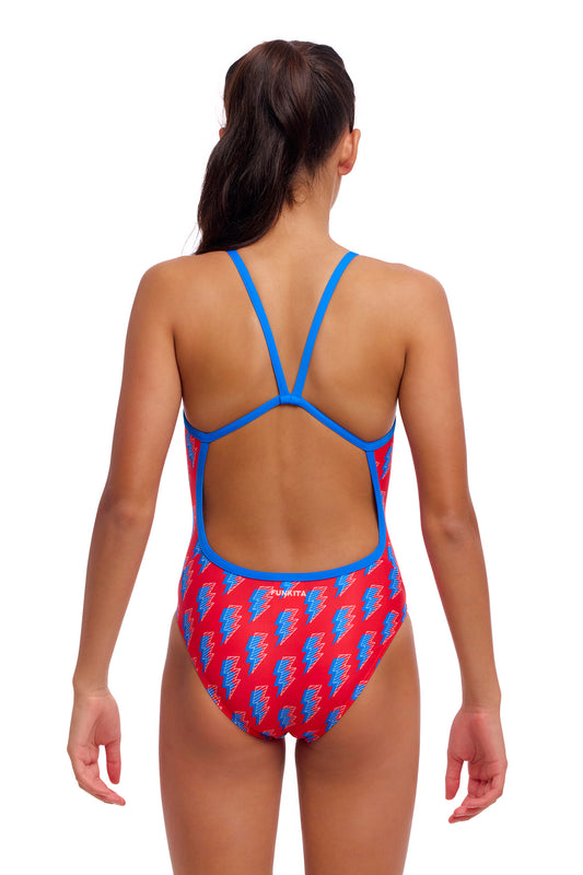 Funkita Girls Single Strap One Piece Hot Volt, rear view showing thin straps
