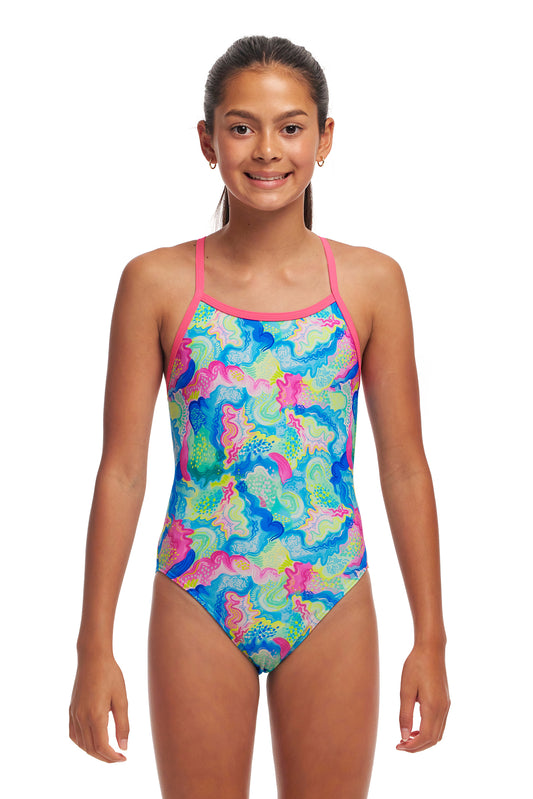 Funkita Girls Single Strap One Piece Olive Oily, front view chlorine resistant swimwear