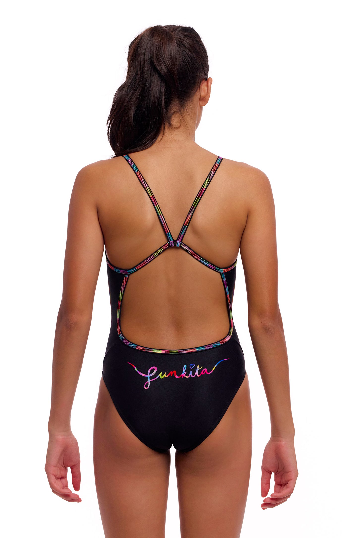 Funkita Girls Single Strap One Piece Pride Alive, rear view showing thin straps