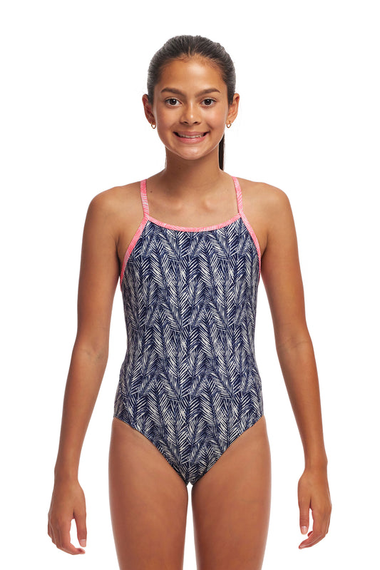 Funkita Girls Diamond Back One Piece Pressure Palm, front view chlorine resistant swimwear