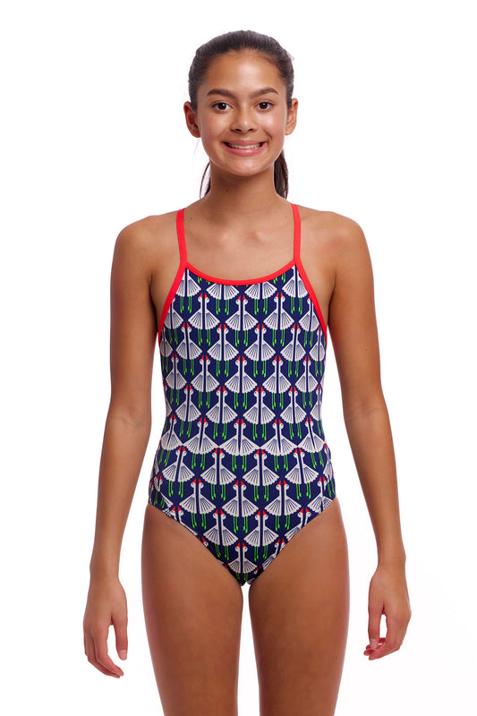 Funkita Girls Diamond Back One Piece Sitting Duck, front view chlorine resistant swimwear