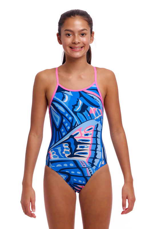 Funkita Girls Diamond Back One Piece Soaring Hi, front view chlorine resistant swimwear