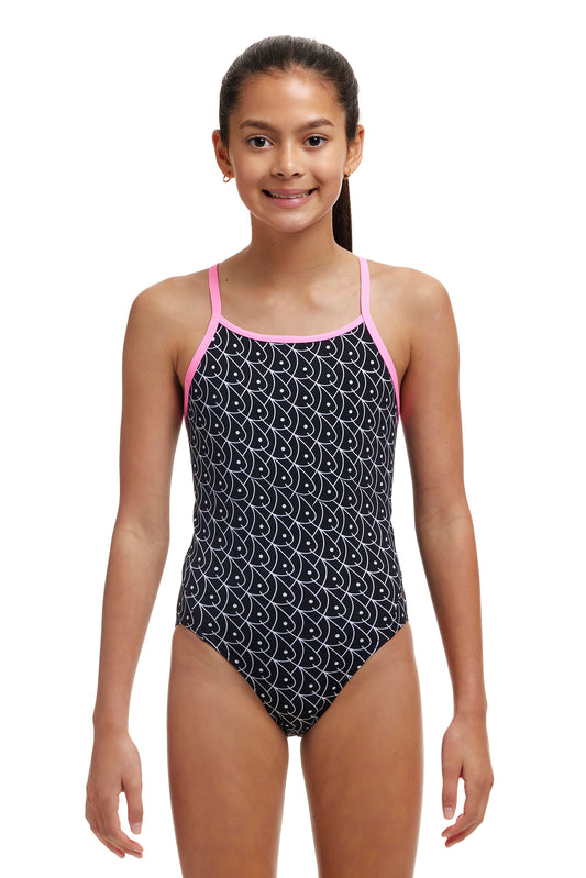 Funkita Girls Diamond Back One Piece Summer Fish, front view chlorine resistant swimwear