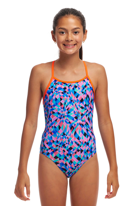 Funkita Girls Diamond Back One Piece Warp Tour, front view chlorine resistant swimwear