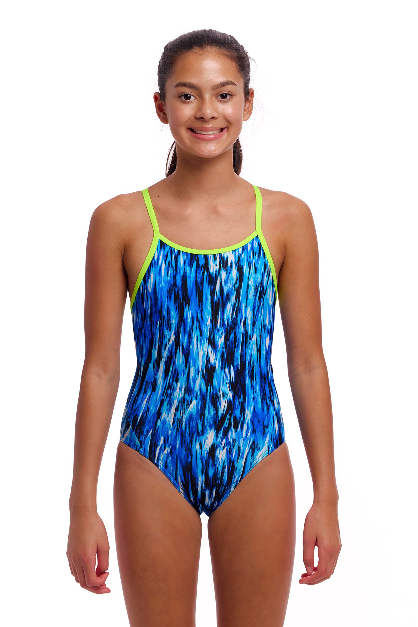 Funkita Girls Diamond Back One Piece Wing Streak, front view chlorine resistant swimwear