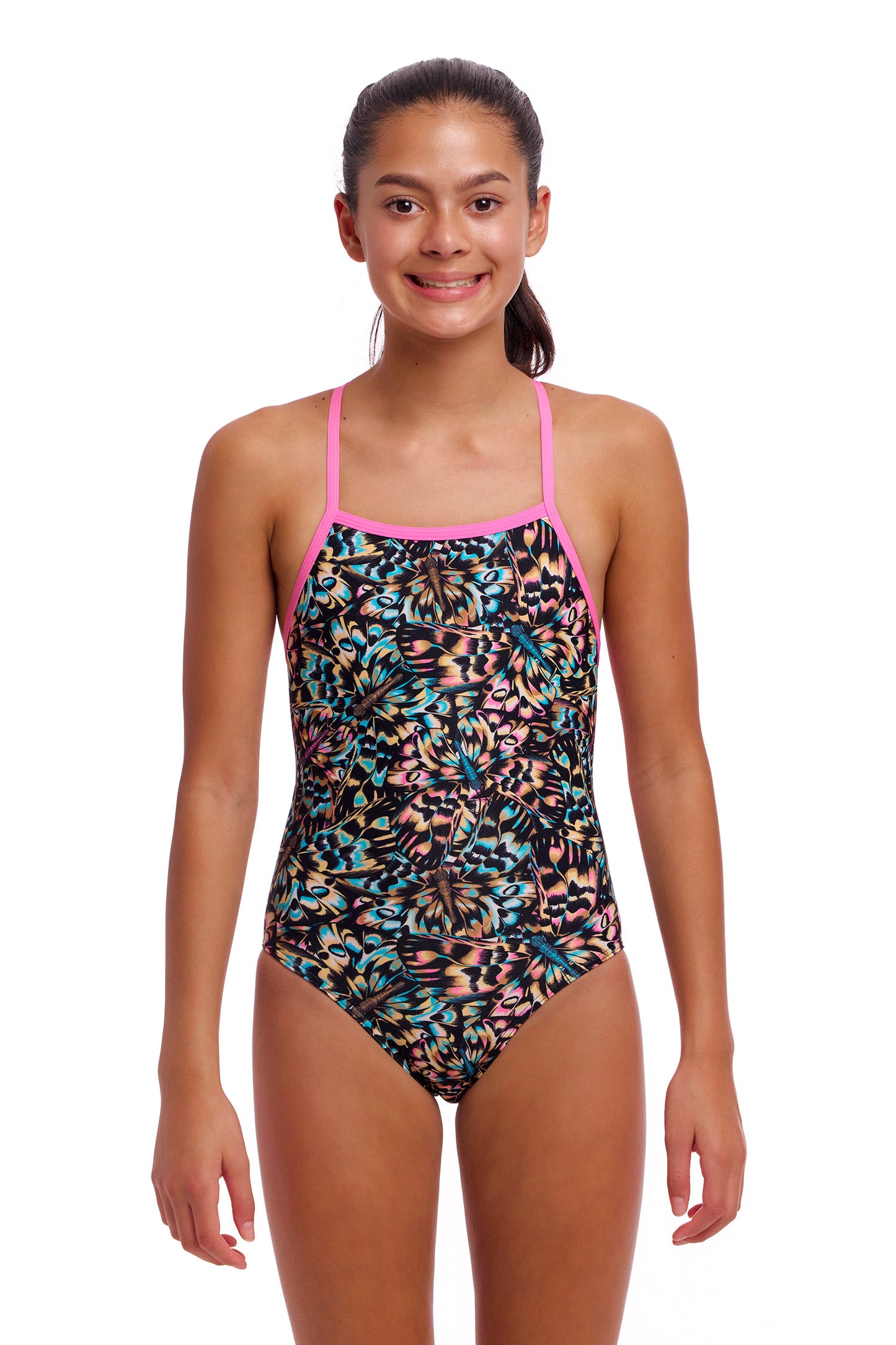 Funkita Girls Strapped In One Piece Copper Cluster, front view chlorine resistant swimwear