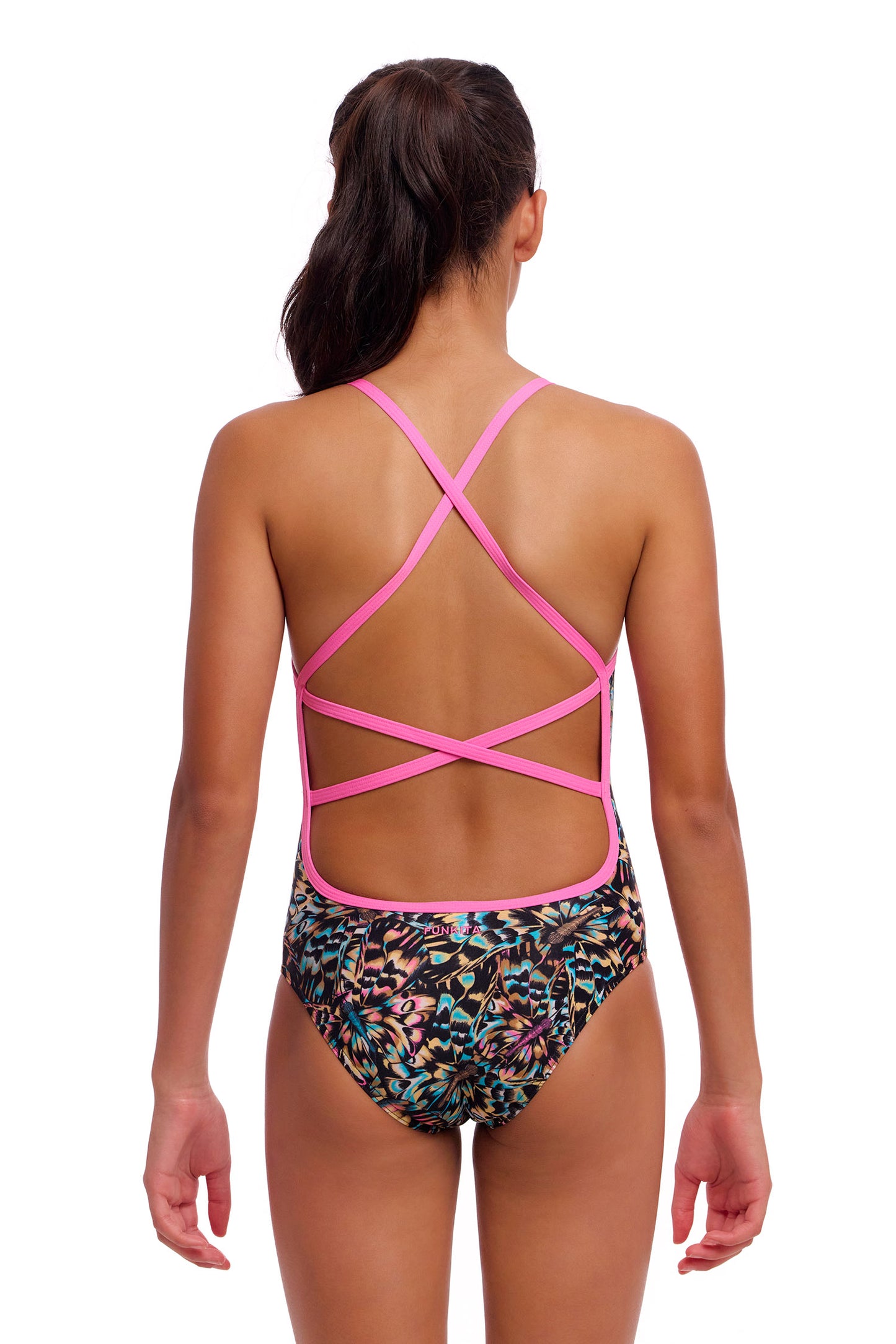 Funkita Girls Strapped In One Piece Copper Cluster, rear view showing criss cross back