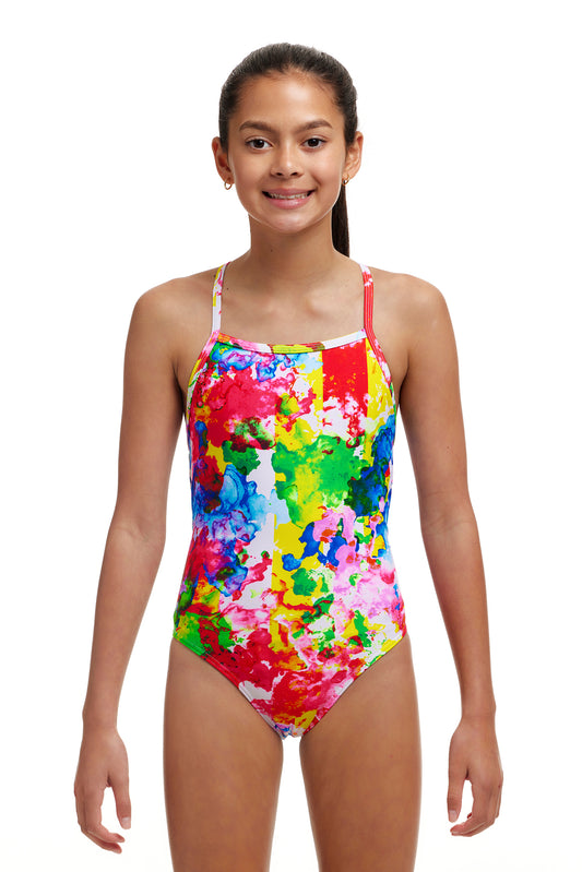 Funkita Girls Strapped In One Piece Ink Jet, front view chlorine resistant swimwear