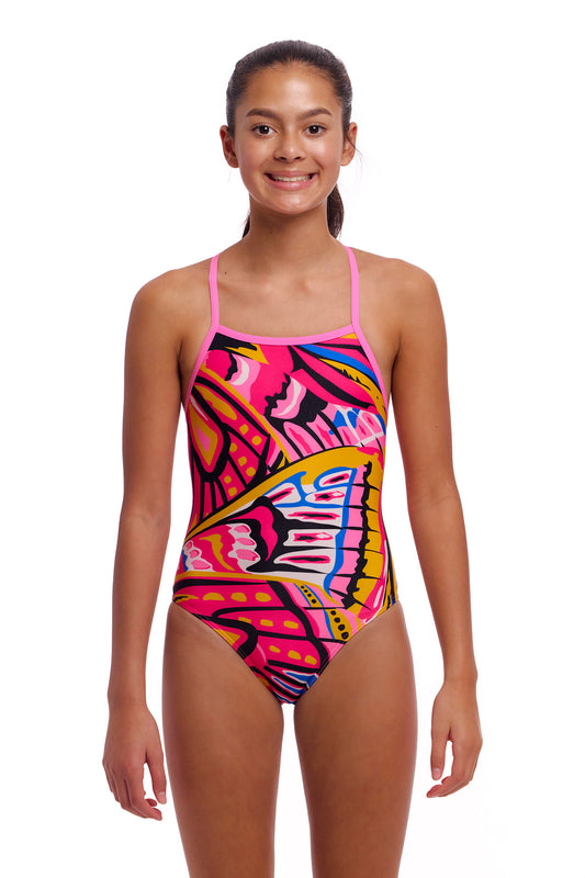 Funkita Girls Strapped In One Piece Lover Flies, front view chlorine resistant swimwear