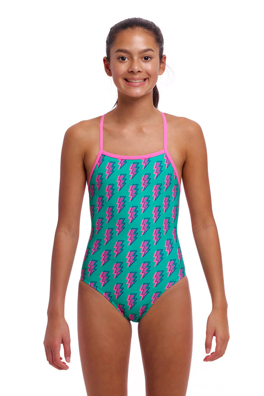 Funkita Girls Strapped In One Piece Zip Zap, front view chlorine resistant swimwear