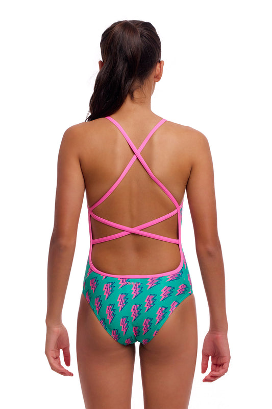 Funkita Girls Strapped In One Piece Zip Zap, rear view showing criss cross straps