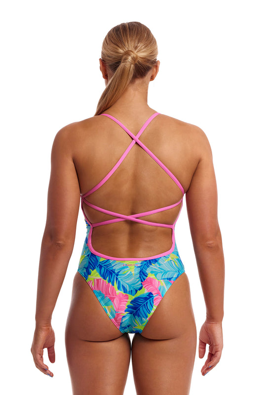 Funkita Ladies Strapped In One Piece I'm Leaving, rear view showing criss cross straps