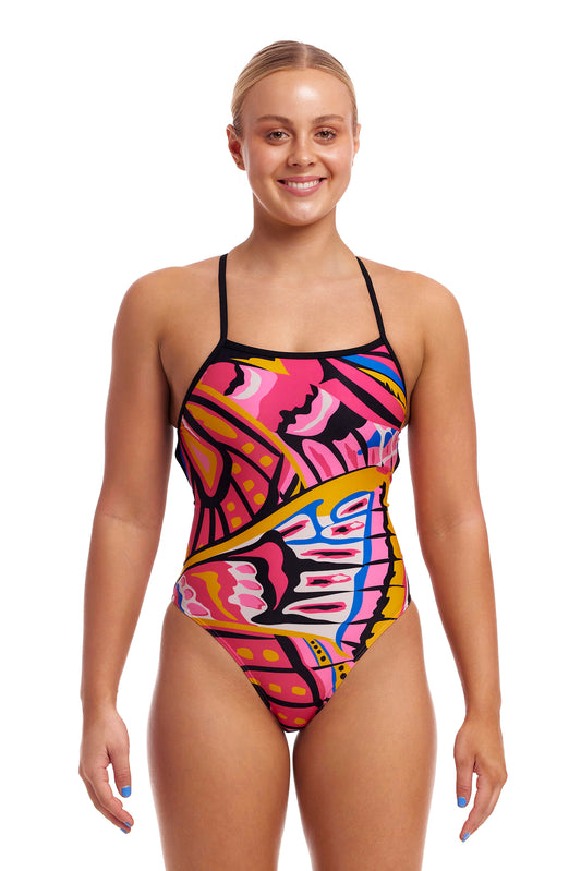 Funkita Ladies Strapped In One Piece Lover Flies, front view chlorine resistant swimwear