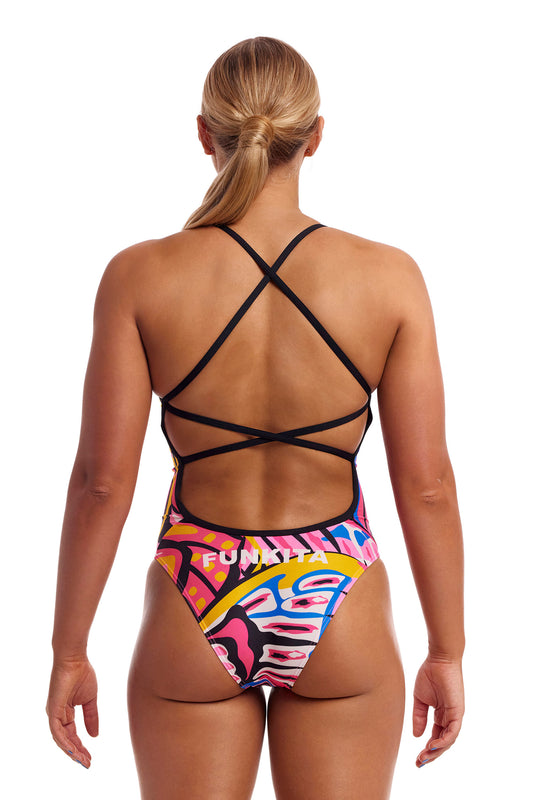 Funkita Ladies Strapped In One Piece Lover Flies, rear view showing criss cross straps