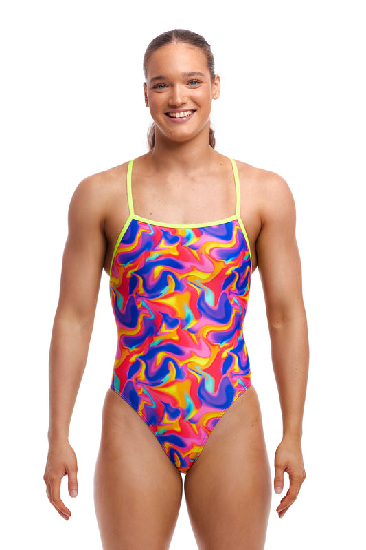 Funkita Ladies Strapped In One Piece Summer Swirl, front view chlorine resistant swimwear