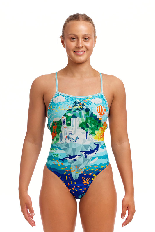 Funkita Ladies Strapped In One Piece Wildermess, front view chlorine resistant swimwear