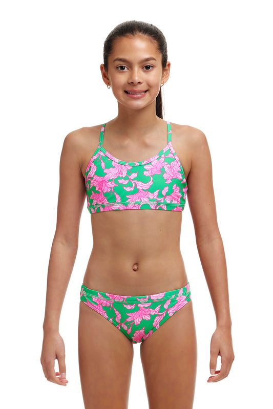 Funkita Girls Racerback Two Piece Blossom Fly, front view chlorine resistant swimwear