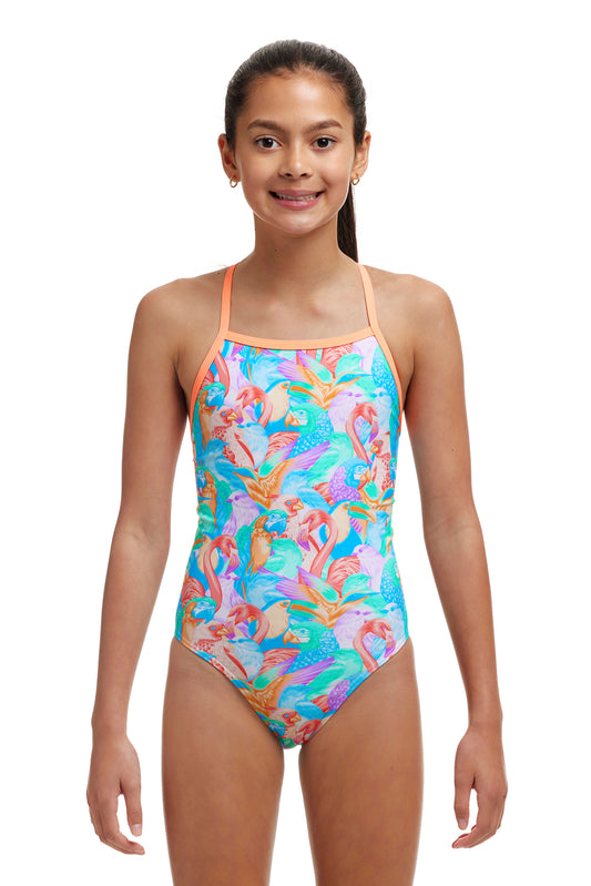 Funkita Girls Tie Me Tight One Piece Birdsville, front view chlorine resistant swimwear