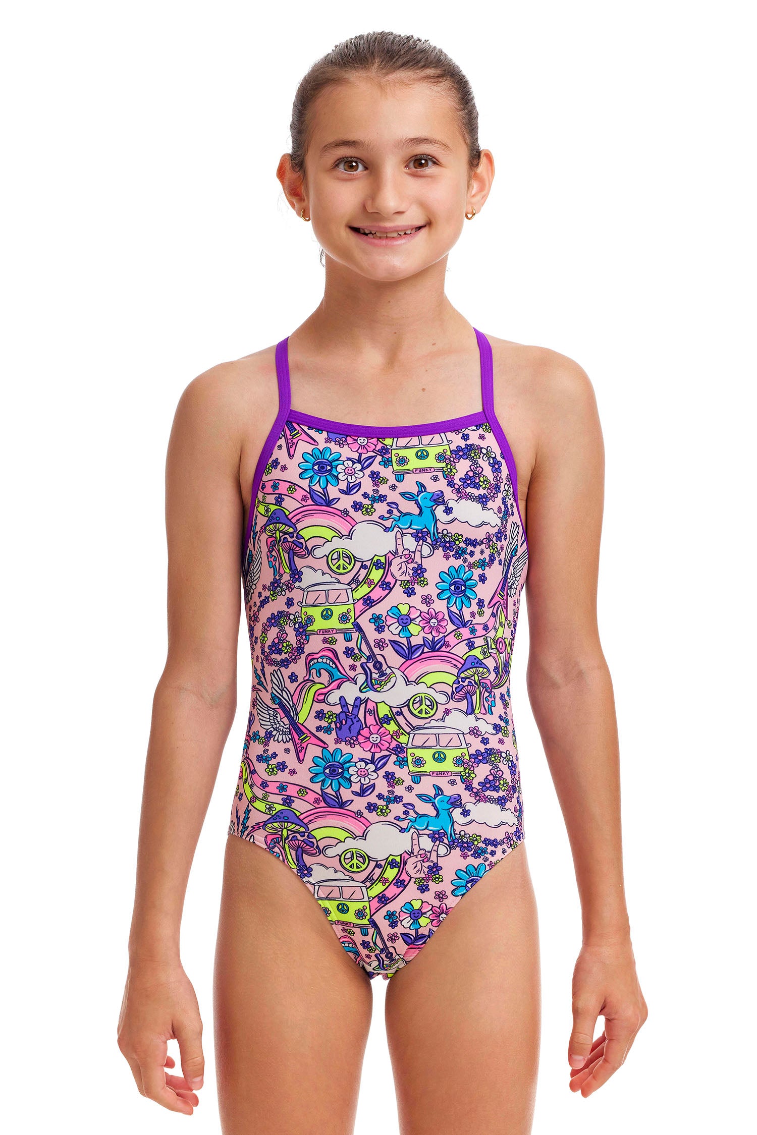 Funkita Girls Tie Me Tight One Piece Donkey Doll, front view chlorine resistant swimwear