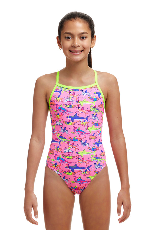 Funkita Girls Tie Me Tight One Piece Learner Lane, front view chlorine resistant swimwear