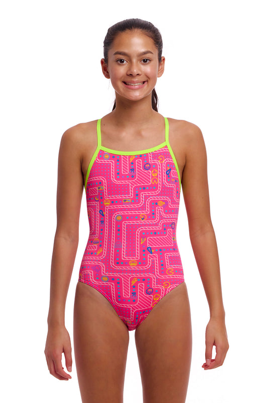 Funkita Girls Tie Me Tight One Piece Packed Pink, front view chlorine resistant swimwear