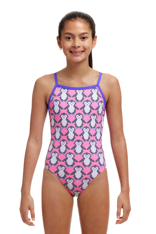 Funkita Girls Tie Me Tight One Piece Pixi Pengi, front view chlorine resistant swimwear