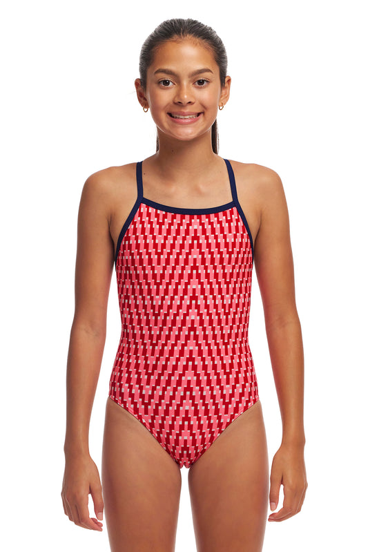 Funkita Girls Tie Me Tight One Piece Red Head, front view chlorine resistant swimwear