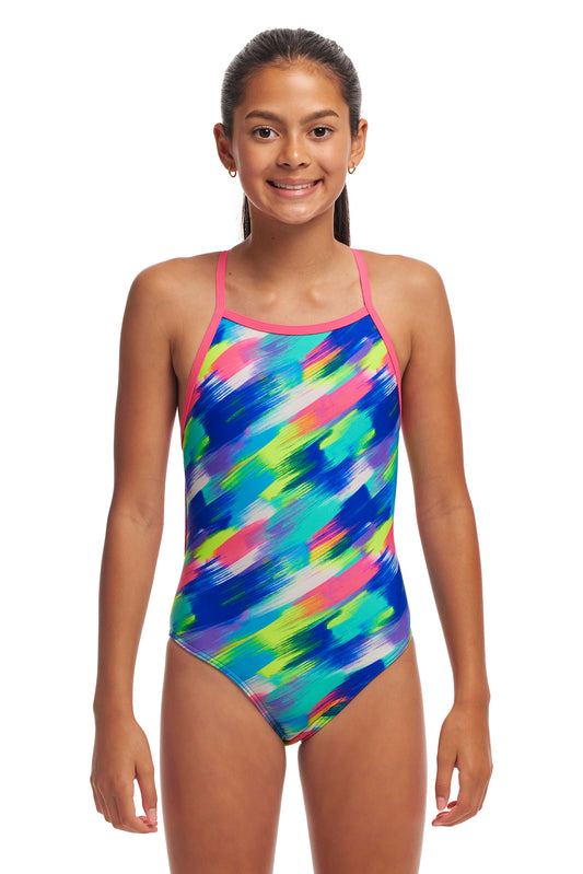 Funkita Girls Tie Me Tight One Piece Streaky Strokes, front view chlorine resistant swimwear