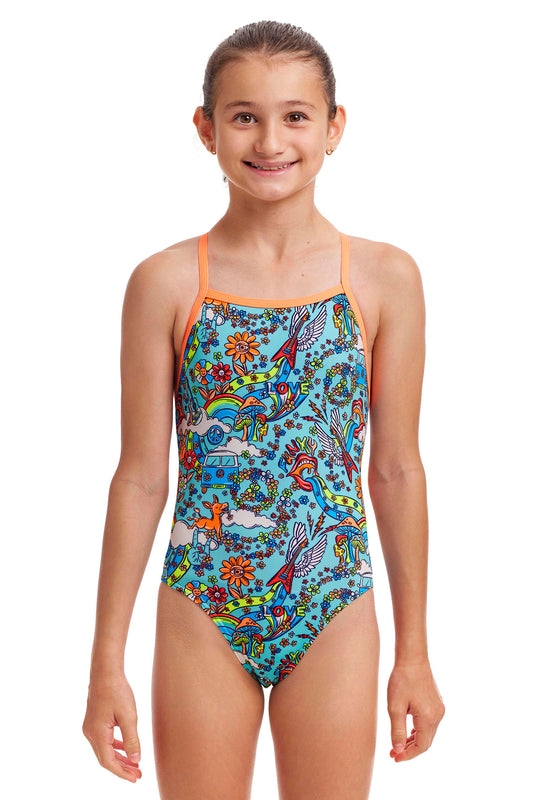 Funkita Girls Tie Me Tight One Piece Sunny Bunny, front view chlorine resistant swimwear