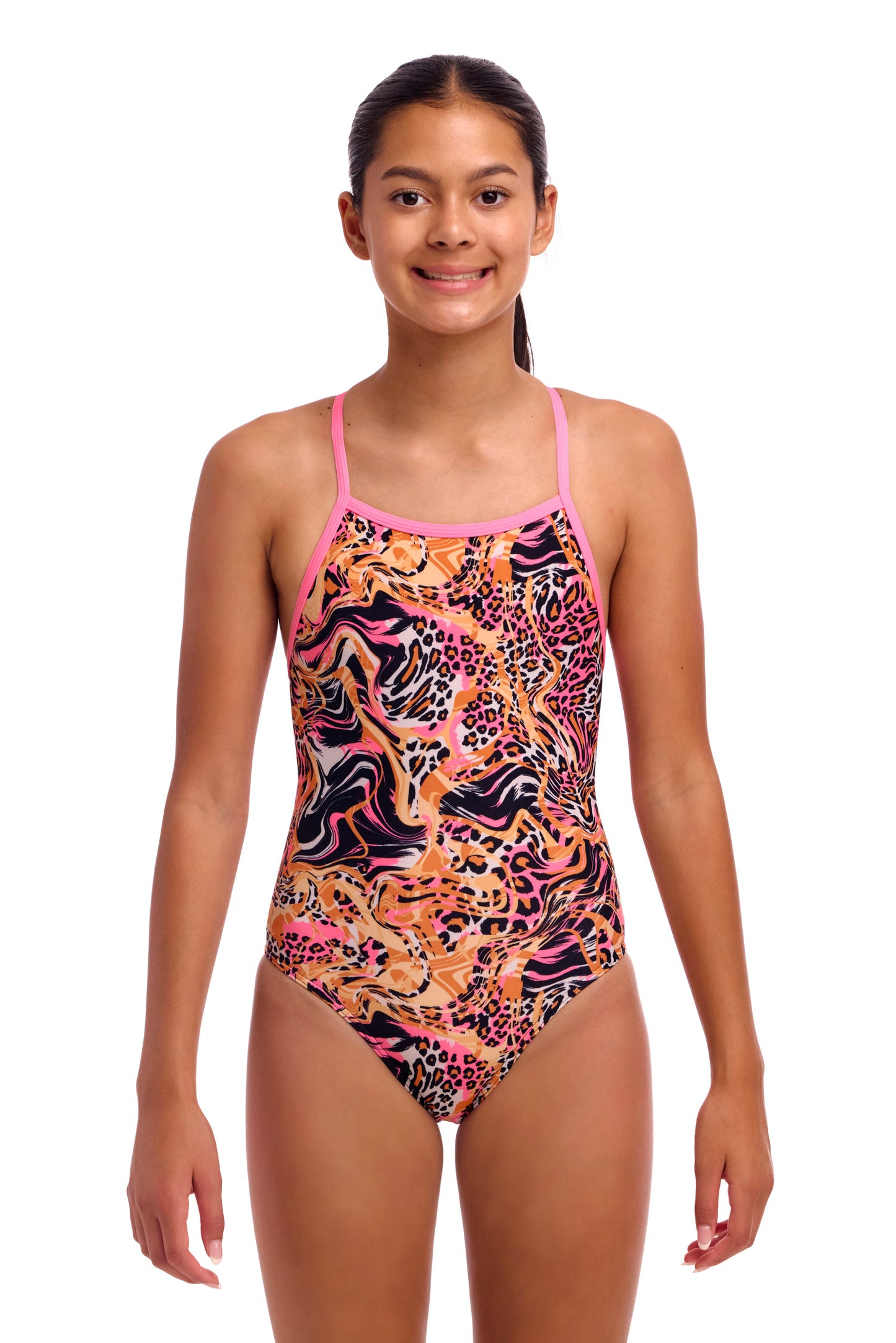 NEW! Funkita Girls Tie Me Tight One Piece Tipsy Tiger-front view
