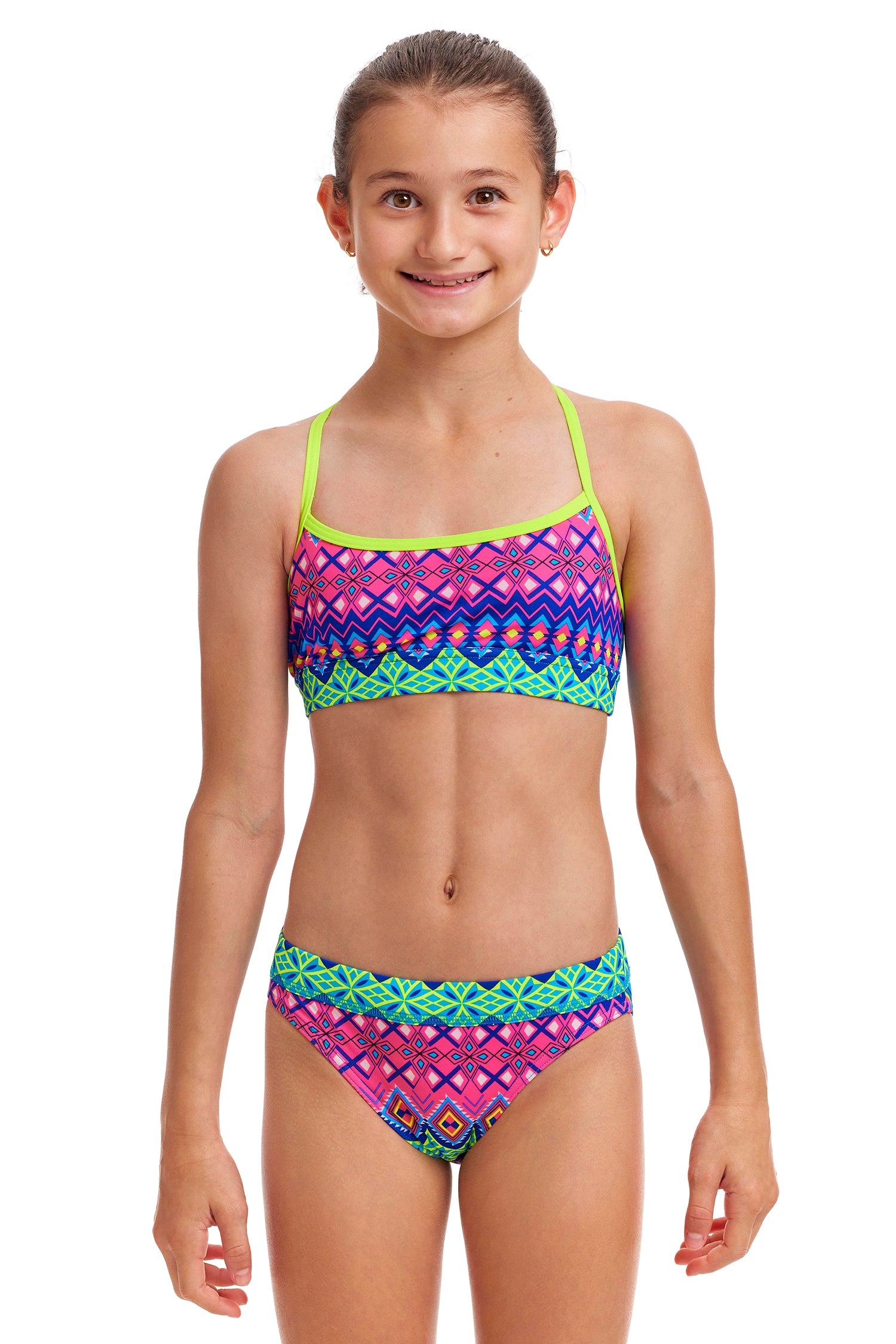 Funkita Girls Swim Crop Top Kris Kringle, front view chlorine resistant swimwear