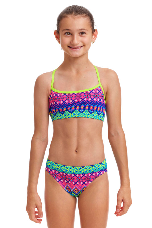 Funkita Girls Swim Crop Top Kris Kringle, front view chlorine resistant swimwear