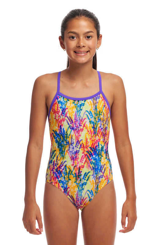 Funkita Girls Twisted One Piece Strike A Posy, front view chlorine resistant swimwear