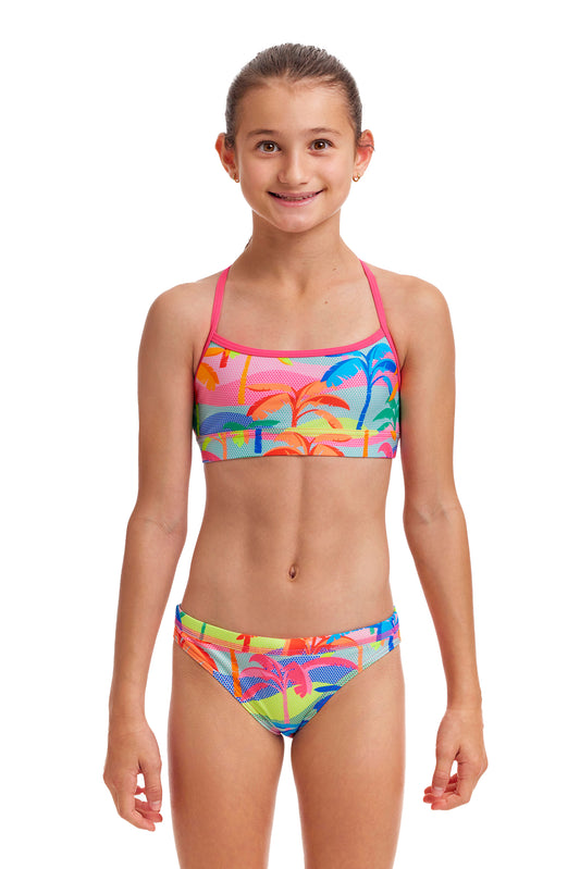 Funkita Girls Swim Crop Top Polka Palm, front view chlorine resistant swimwear