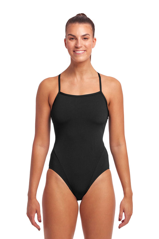Funkita Ladies Single Strap Secure Period Proof One Piece Still Black, front view chlorine resistant swimwear