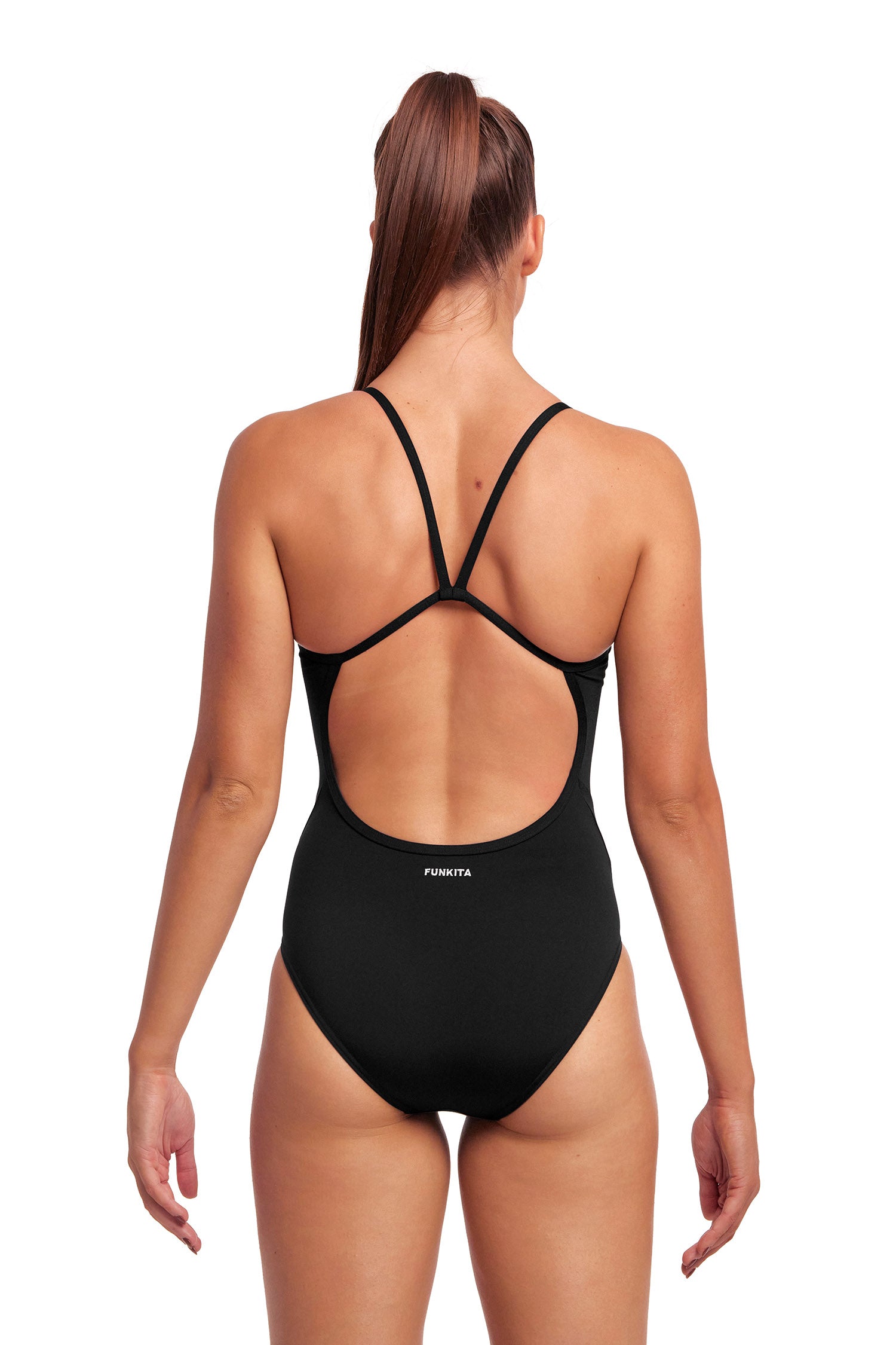 Funkita Ladies Single Strap Secure One Piece Still Black, rear view showing thin straps