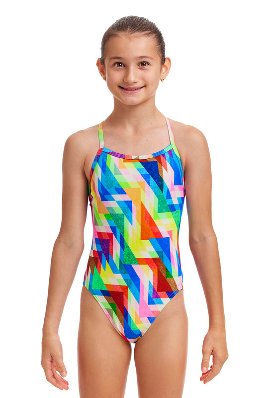 Funkita Girls Single Strap One Piece Hazy Daze, front view chlorine resistant swimwear