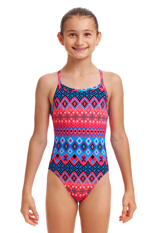 Funkita Girls Single Strap One Piece Tinsel Town, front view chlorine resistant swimwear