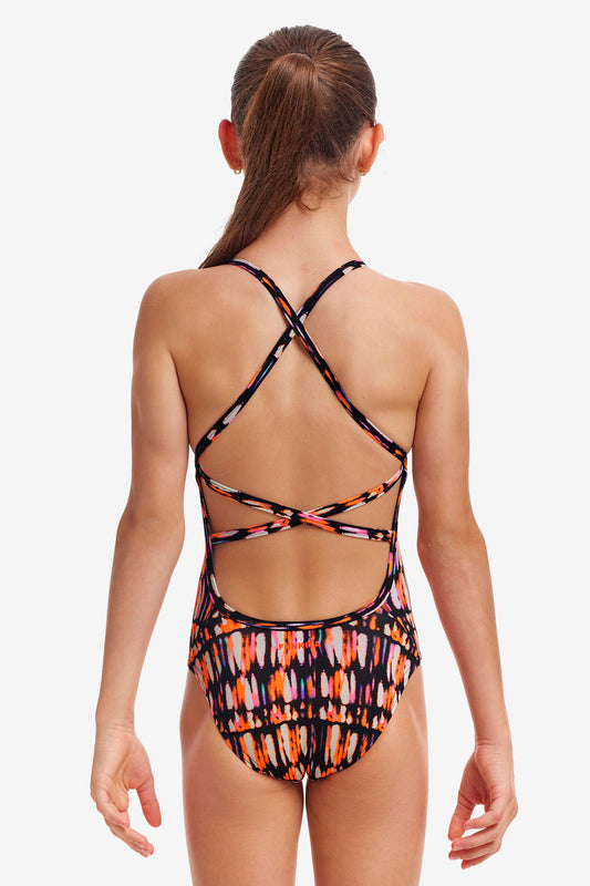 Funkita Girls Strapped In One Piece Headlights, rear view showing criss cross straps