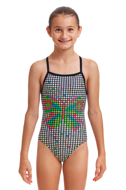 Funkita Girls Strapped In One Piece Snow Flyer, front view chlorine resistant swimwear