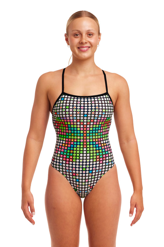 Funkita Ladies Strapped In One Piece Snow Flyer, front view chlorine resistant swimwear