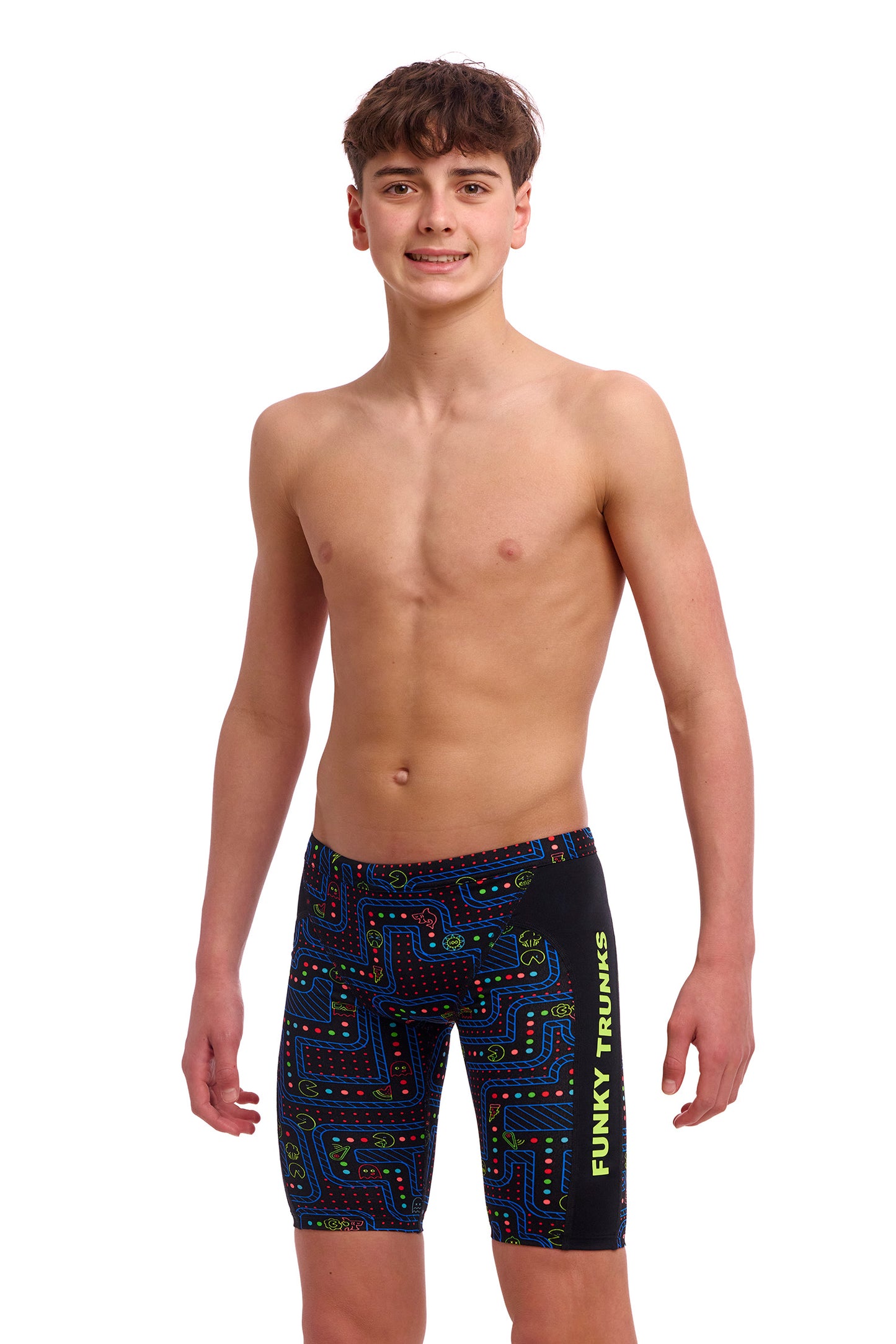 Funky Trunks Boys Training Jammers Chomp Chomp, front view chlorine resistant swimwear