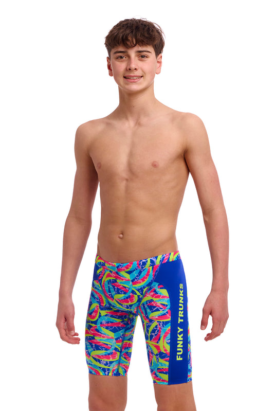 Funky Trunks Boys Training Jammers Choppy Waters, front view chlorine resistant swimwear