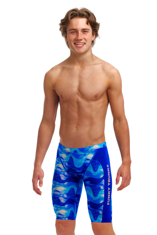 Funky Trunks Boys Training Jammers Dive In, front view chlorine resistant swimwear
