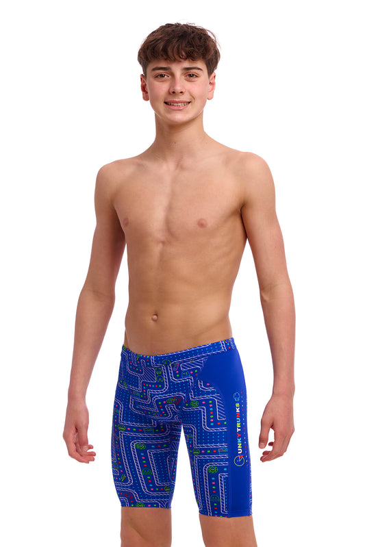 Funky Trunks Boys Training Jammers Much Munchies, front view chlorine resistant swimwear