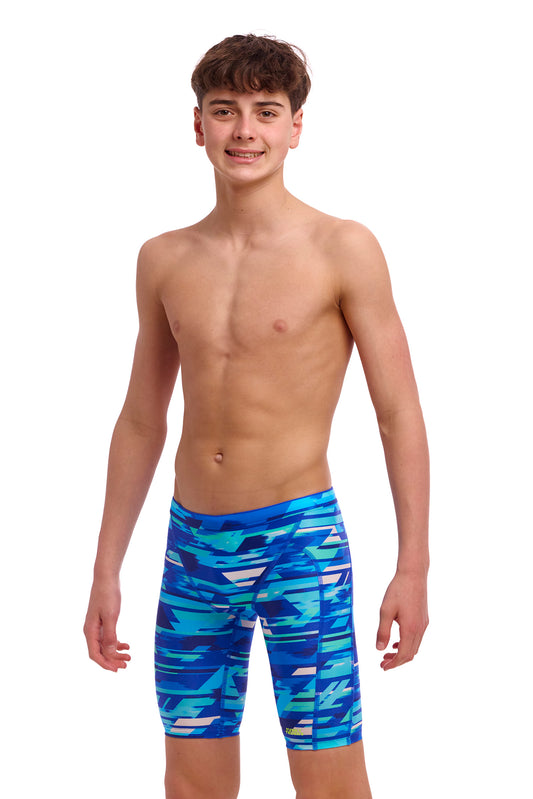 Funky Trunks Boys Training Jammers Pace Racer, front view chlorine resistant swimwear