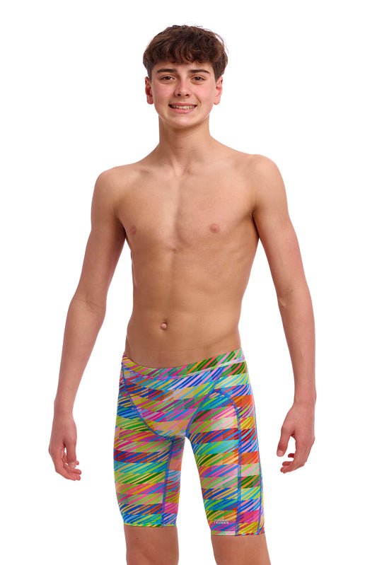 Funky Trunks Boys Training Jammers Static Stack, front view chlorine resistant swimwear