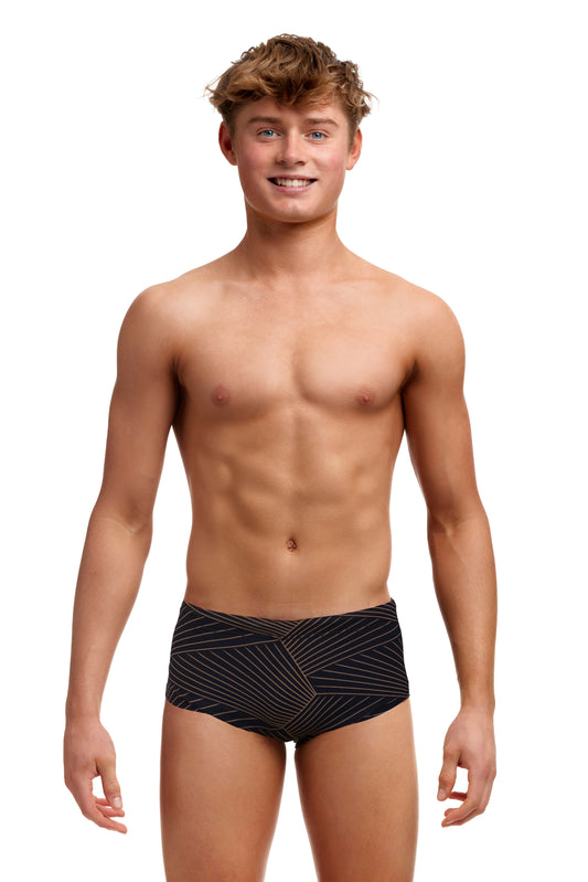 Funky Trunks Boys Sidewinder Trunks Gold Weaver, front view chlorine resistant swimwear