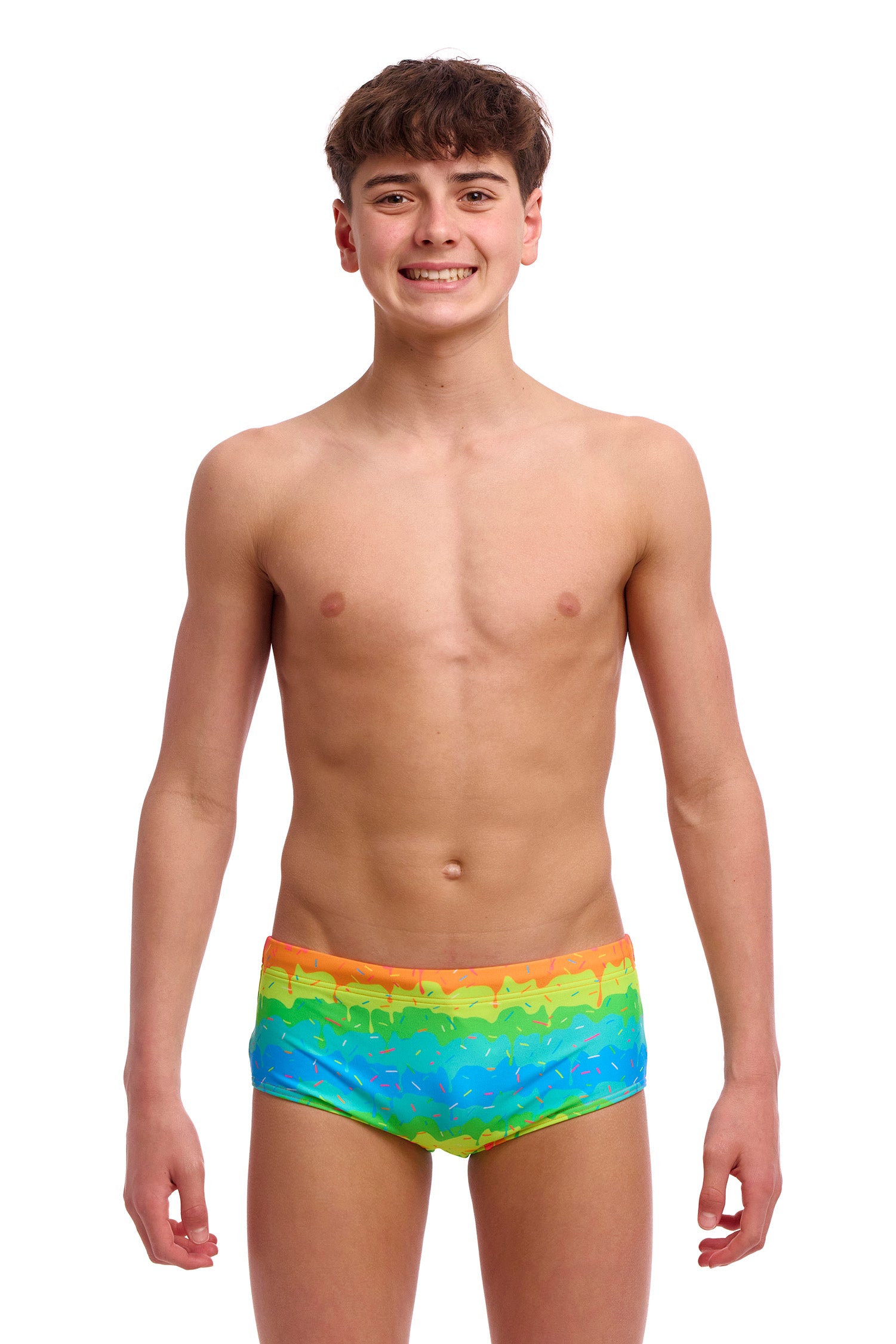 Funky Trunks Boys Sidewinder Trunks Melting Mayhem Front View Chlorine Resistant Swimwear